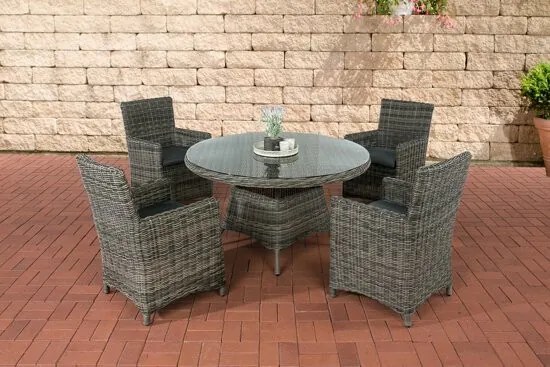 Polyrotan Wicker zitgroep PINELLA 4 stoelen tafel rond 130 x 130 cm kussens - grauwgemeleerd kleur hoes : ijzergrijs