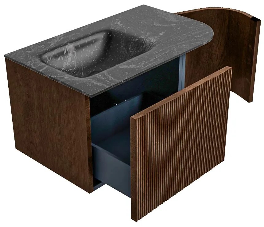 Mondiaz Kurve-dlux 75cm badmeubel ronding rechts walnut met 1 lade en deur en wastafel grunne links zonder kraangat lava