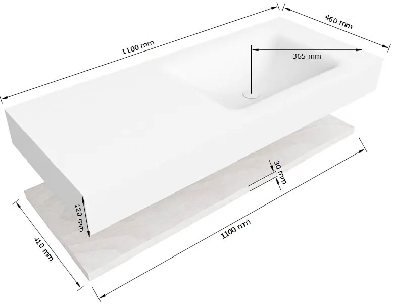 Zaro Alan badmeubel 110cm met planchet washed oak en vrijhangende wastafel cloud rechts 1 kraangat talc