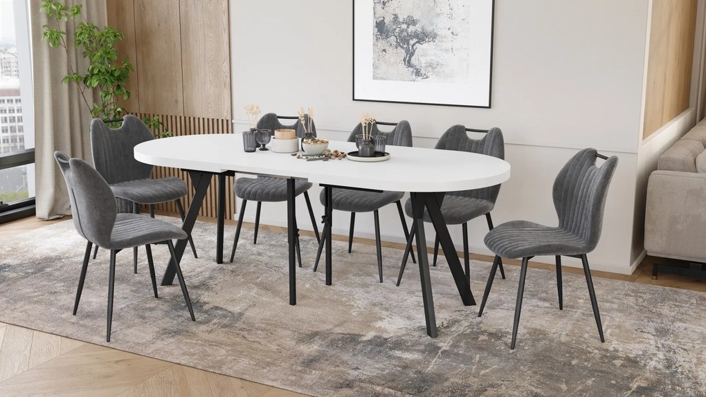 Mazzoni EXPANSO Wit mat / zwarte poten - OVALE UITSCHUIFTAFEL 160-360 cm VOOR 16-18 PERSONEN
