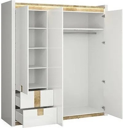 Kledingkast Cirevai 118, Westminster eik, Glanzend wit, 202x180x60cm, 138 kg, Kledingkast deuren: Met scharnieren, Aantal planken: 5, Aantal planken: 5