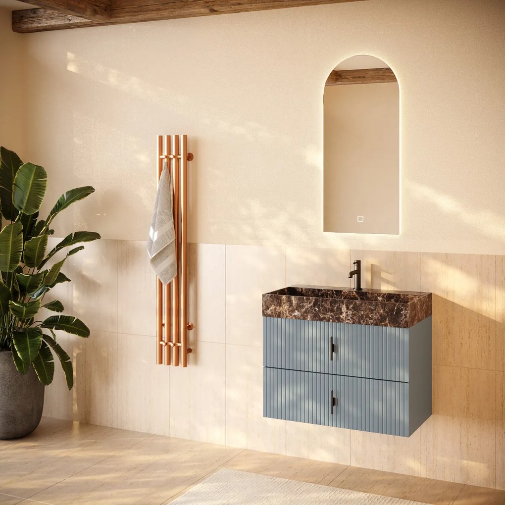 Muebles Murcia badmeubel ribbelfront 80cm baby blauw met Dark Emperador wastafel met kraangat