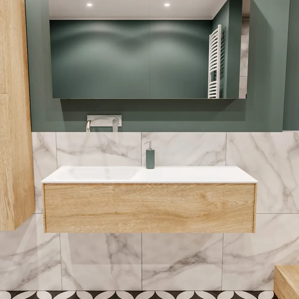 Lush onderkast 120cm in kleur WASHED OAK met 1 lade Push tot open geschikt voor linkse wastafel. Compleet met solid surface wastafel cloud M35163met 0 kraangat(en)