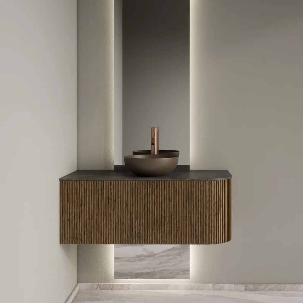 Gliss Design Alluro badmeubel ribbelfront met ronding rechts 100cm castle brown en zwart leisteen toppaneel