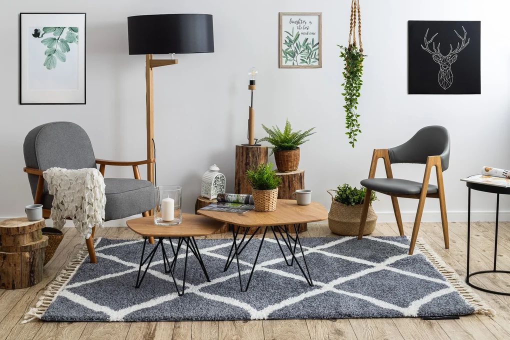 Tapijt BERBER CROSS B5950 grijskleuring / witrand ,  Barber , marokkaanse shaggy