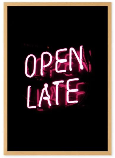 Open Late Neon Typography A3, ingelijste print, zwart en roze