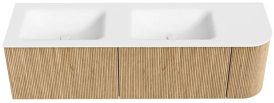 Mondiaz Kurve 155cm badmeubel ronding rechts oak met 2 lades en 1 deur en wastafel cloud dubbel/links zonder kraangat