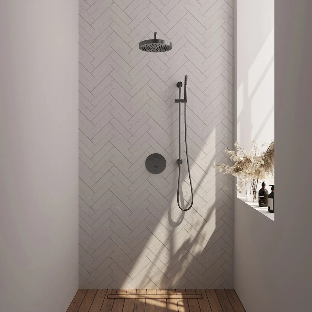 Brauer Stripe inbouw regendouche rond met 25cm hoofddouche, rond met gebogen muurarm, glijstang en staafhanddouche set 44 gunmetal geborsteld PVD
