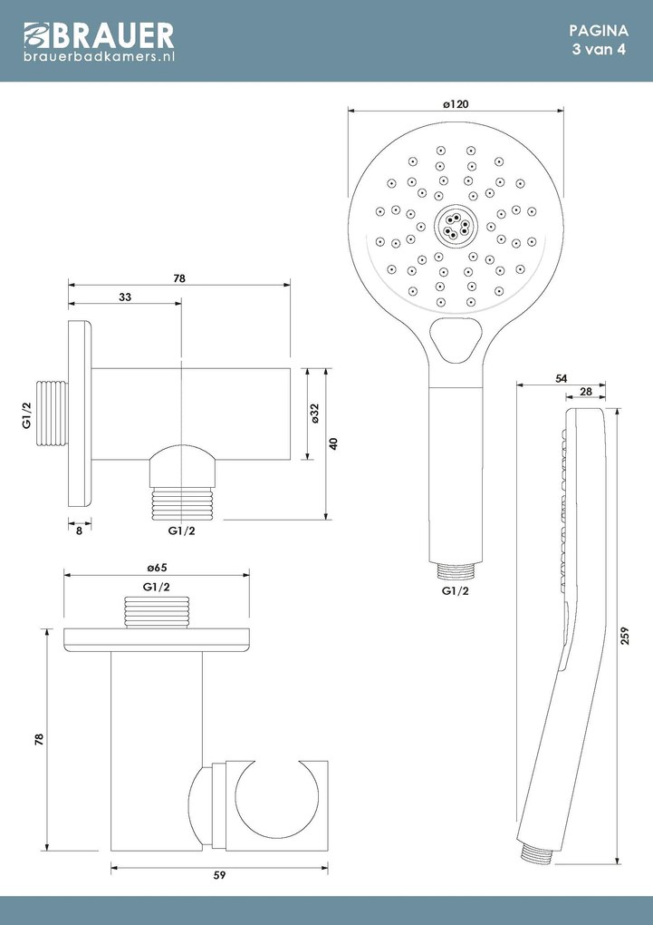 Brauer Stripe inbouw regendouche rond met 25cm hoofddouche, rechte muurarm en 3 standen handdouche set 40 koper geborsteld PVD