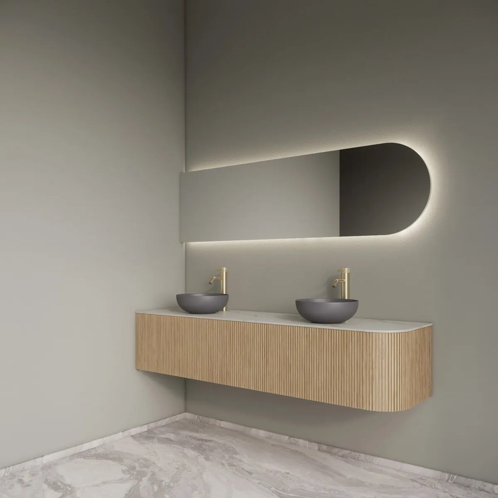 Gliss Design Alluro badmeubel ribbelfront met ronding rechts 180cm mist en wit marmer toppaneel