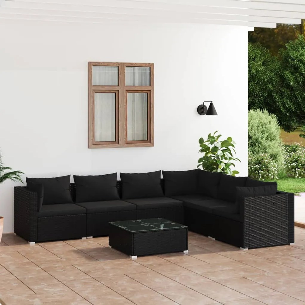 vidaXL 7-delige Loungeset met kussens poly rattan zwart