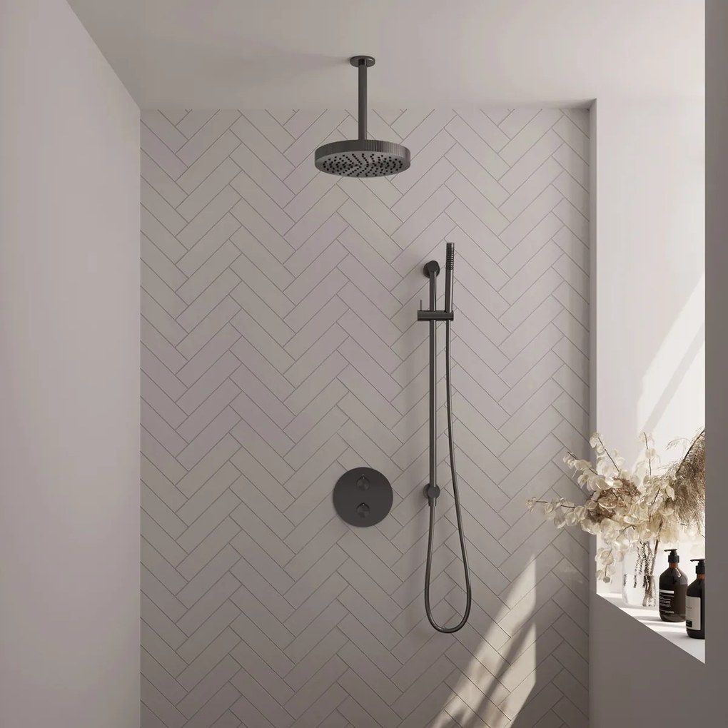 Brauer Stripe inbouw regendouche rond met 25cm hoofddouche, rond met plafondarm, glijstang en staafhanddouche set 45 gunmetal geborsteld PVD