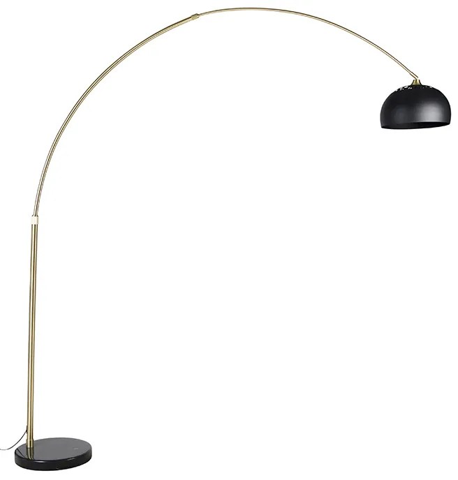 Moderne booglamp messing met marmeren voet en zwarte kap 32,5 cm - XXL