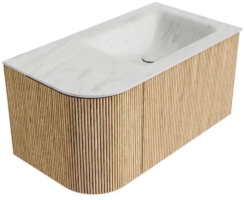 Mondiaz Kurve-dlux 85cm badmeubel ronding links oak met 1 lade en deur en wastafel cloud kraangat rechts opalo