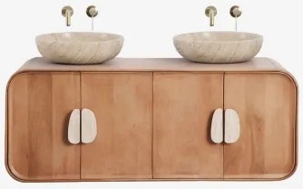 Dubbel Zwevend Badkamermeubelset 130x45 Cm Van Mangohout En Natuurlijke Kivalina-steen Travertijn - Mangohout & 2 X Ronde Travertijn Ø40 Cm Eskel -