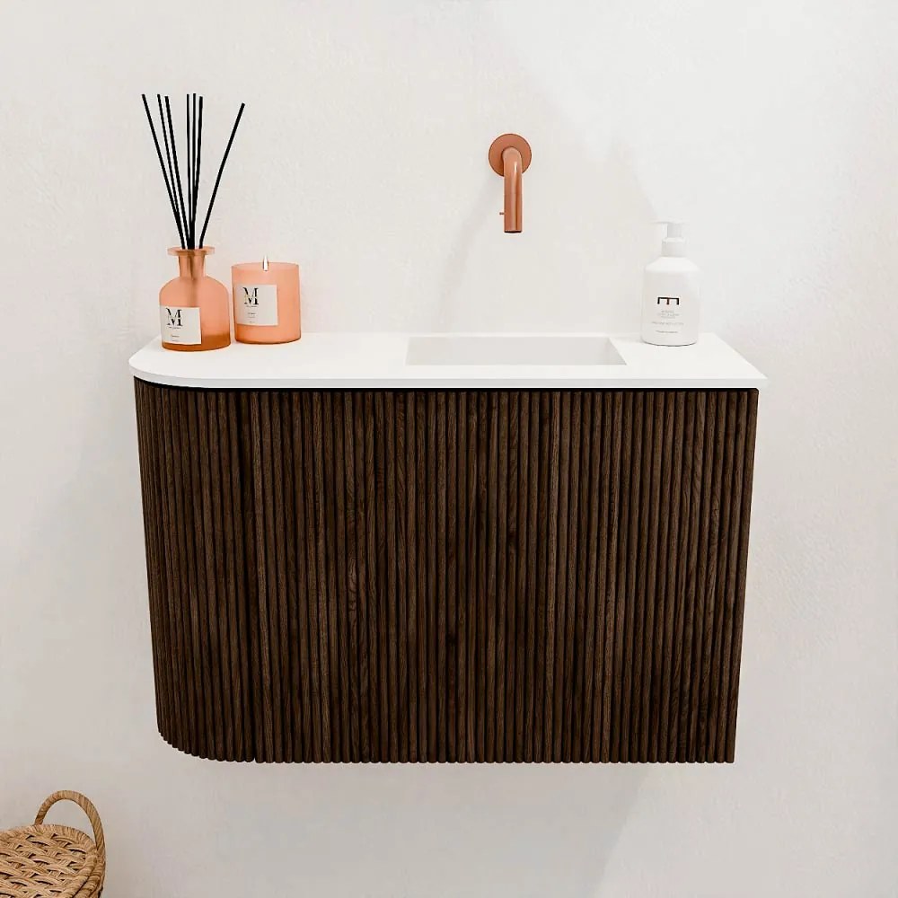 Mondiaz Joya 60cm toiletmeubel ronding links walnut met wastafel faye rechts zonder kraangat talc