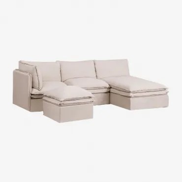Modulaire 3-delige Chaise Longue Bank En Poef Van Linnen En Katoen Grace Stof Beige - Sklum
