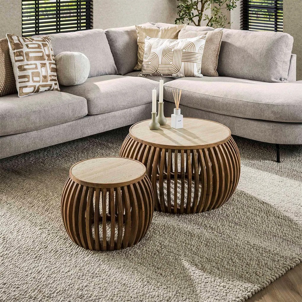 Ronde Salontafelset Travertin En Hout - 75 X 75cm.