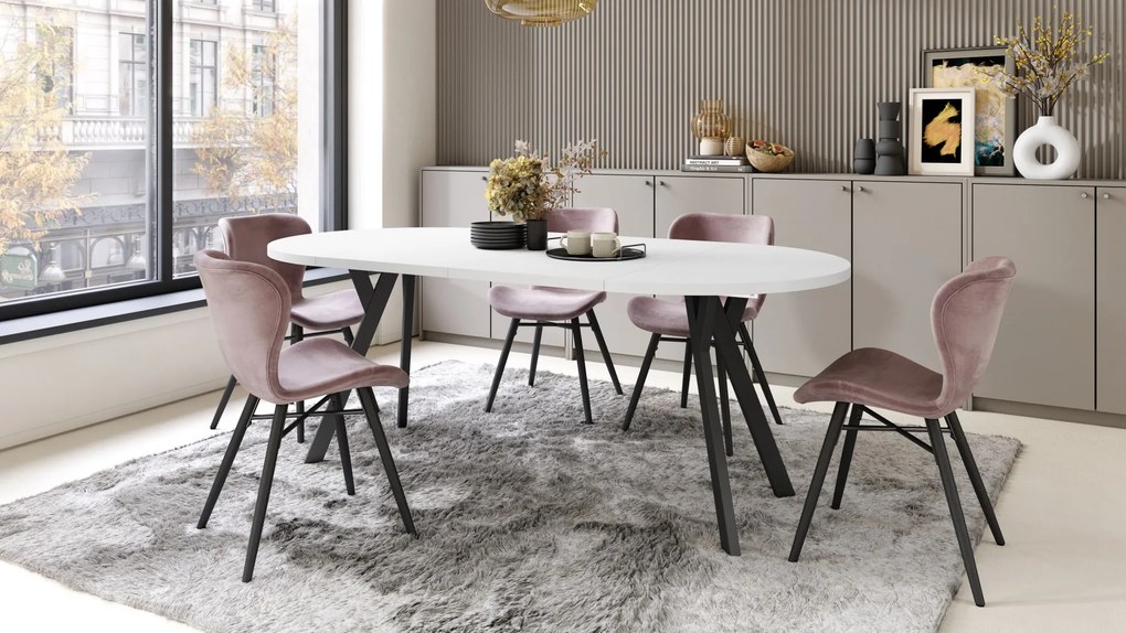 ALMO 100 Wit Mat/Zwarte poten - RONDE LOFT/INDUSTRIËLE TAFEL VOOR WOONKAMER/EETKAMER, UITSCHUIFBAAR