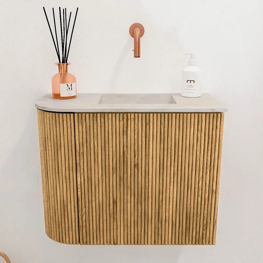 Mondiaz Joya DLux 50cm toiletmeubel ronding links oak met wastafel faye rechts zonder kraangat ostra