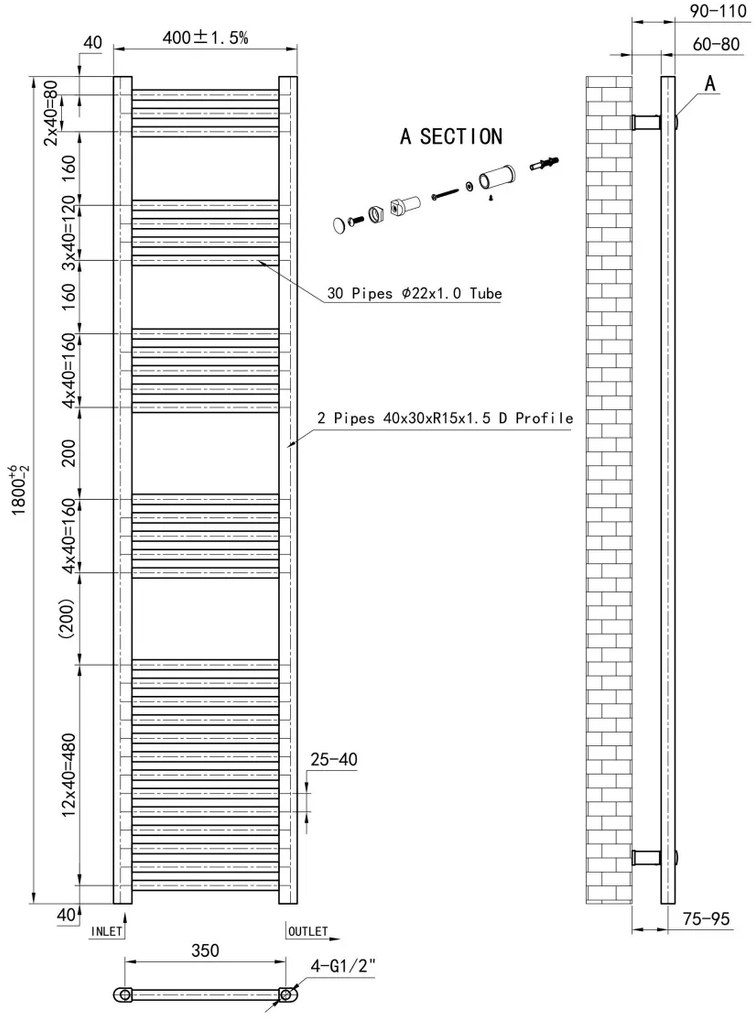 Eastbrook Wendover handdoekradiator 40x180cm 582W messing geborsteld