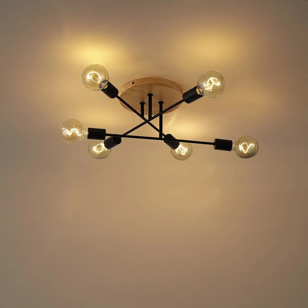 Art Deco plafondlamp zwart met hout 6-lichts - Sydney