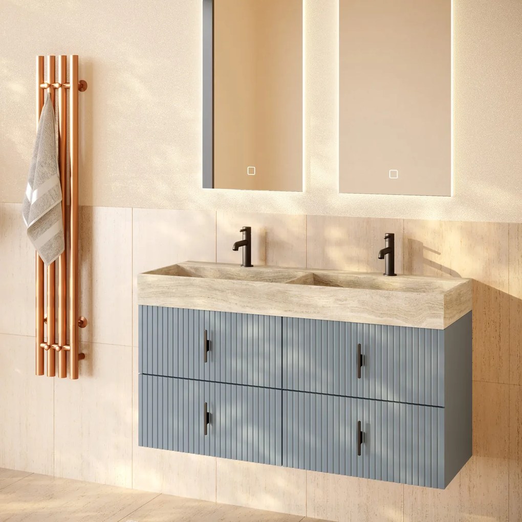 Muebles Murcia badmeubel ribbelfront 120cm baby blauw met White Travertin wastafel met kraangaten