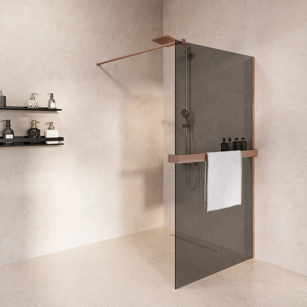 Saniclear Metric inloopdouche 80cm met handdoekhouder en rookglas geborsteld koper