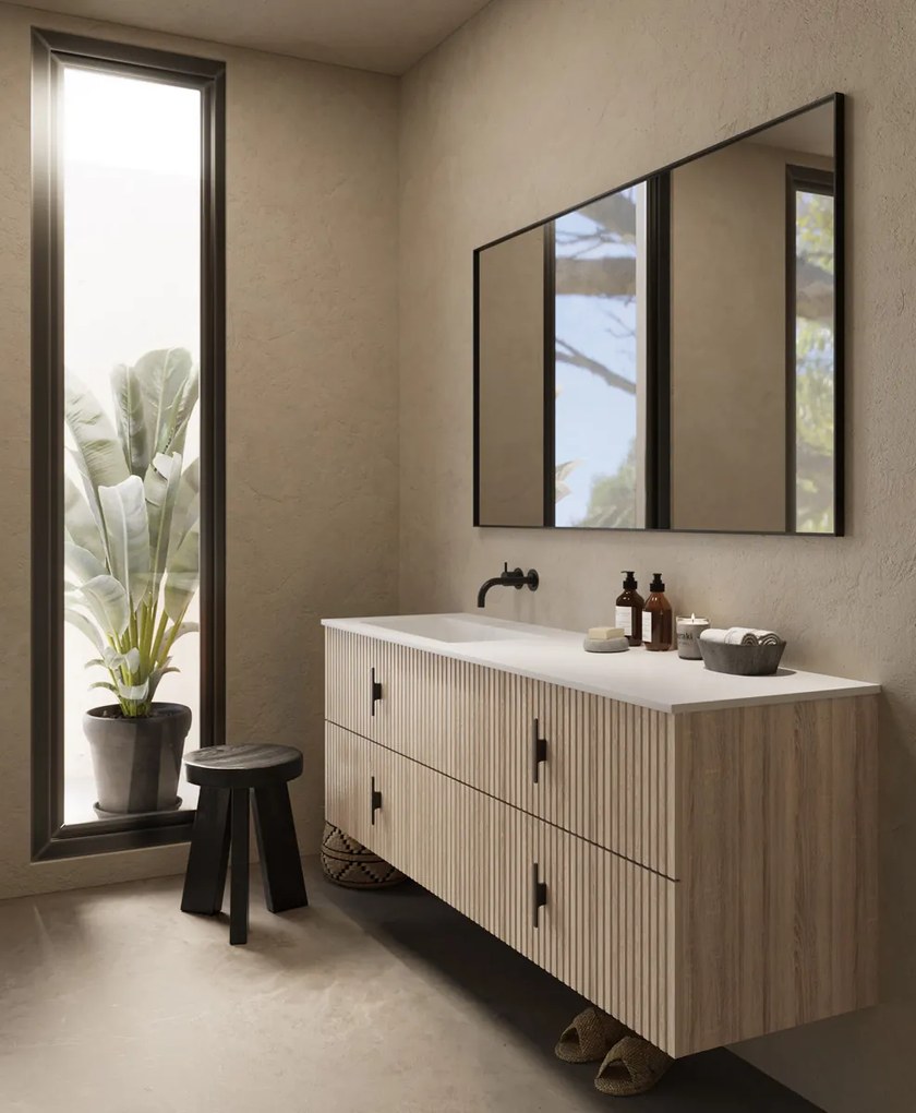 Muebles Avila badmeubel ribbelfront 160cm naturel eiken met wastafel links zonder kraangat