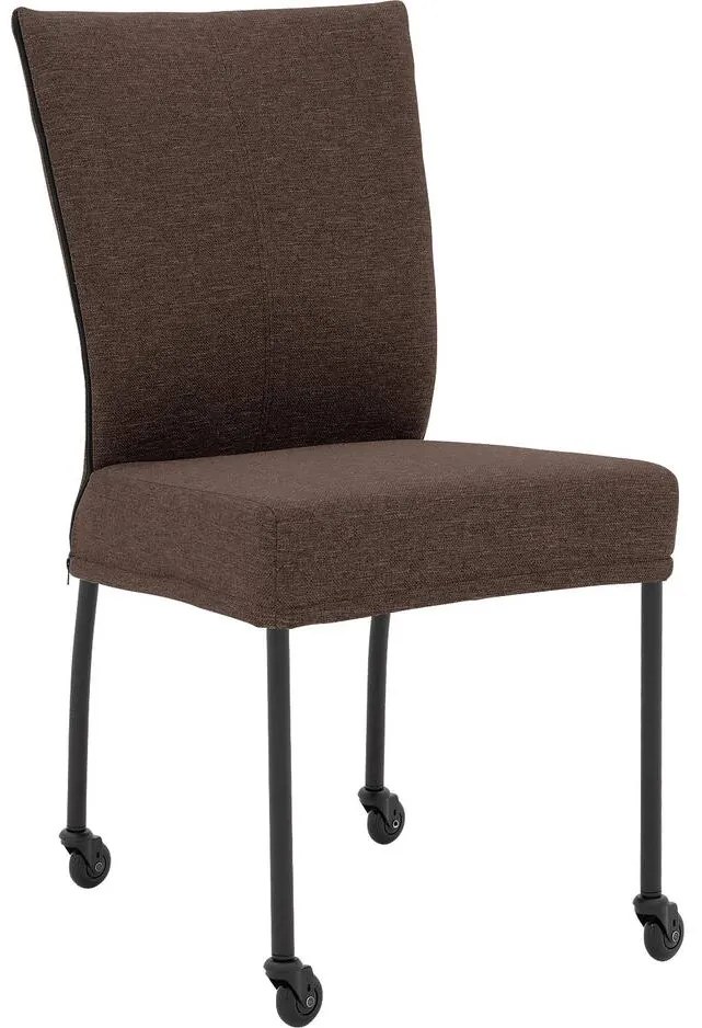 Goossens Eetkamerstoel Funk Zwarte Poten bruin stof leuning en Zwart skater wiel met zwarte kapmet wielen, modern design