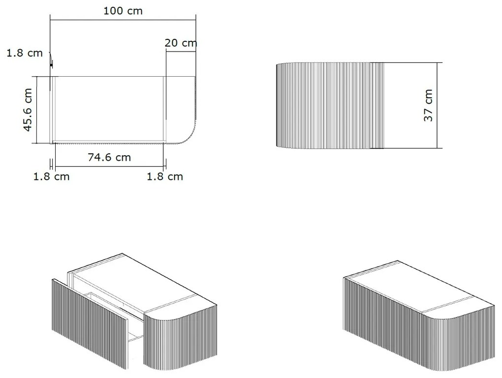Gliss Design Alluro badmeubel ribbelfront met ronding rechts 100cm ash grey en wit marmer toppaneel