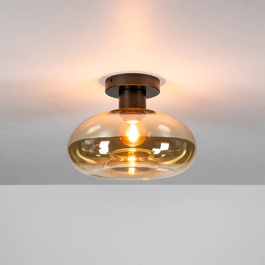 Bronze Plafondlamp Met Rond Beige Glas