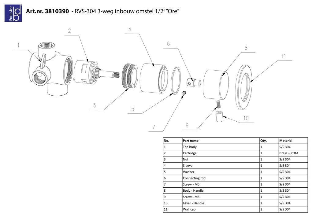 Best Design Ore 1/2" inbouw omstel 3-weg RVS