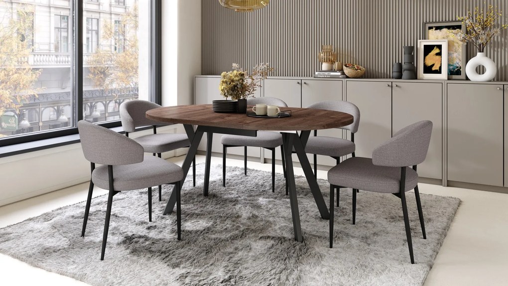 ALMO Eiken Bruin/Zwarte poten - RONDE LOFT/INDUSTRIËLE TAFEL VOOR WOONKAMER/EETKAMER, UITSCHUIFBAAR