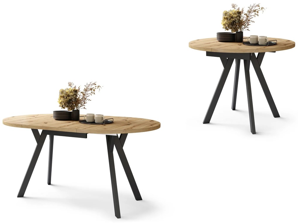 ALMO Eiken Artisan/Zwarte poten - RONDE LOFT/INDUSTRIËLE TAFEL VOOR WOONKAMER/EETKAMER, UITSCHUIFBAAR