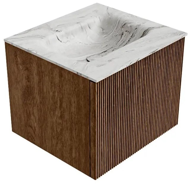 Mondiaz Kurve-dlux 50cm badmeubel walnut met 1 lade en wastafel grunne midden 1 kraangat glace