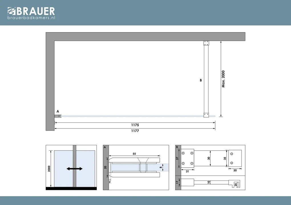 Brauer Void profielloze inloopdouche 120cm messing geborsteld PVD