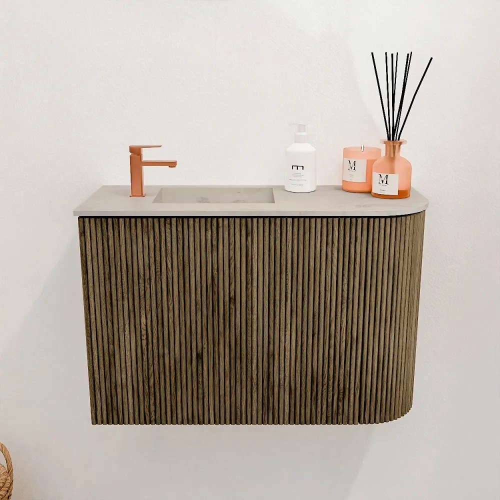 Mondiaz Joya DLux 60cm toiletmeubel ronding rechts dusk met wastafel faye links 1 kraangat opalo