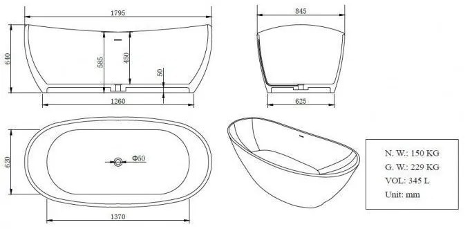 Mueller Bowl solid surface vrijstaand ligbad 179,5x84,5x64cm