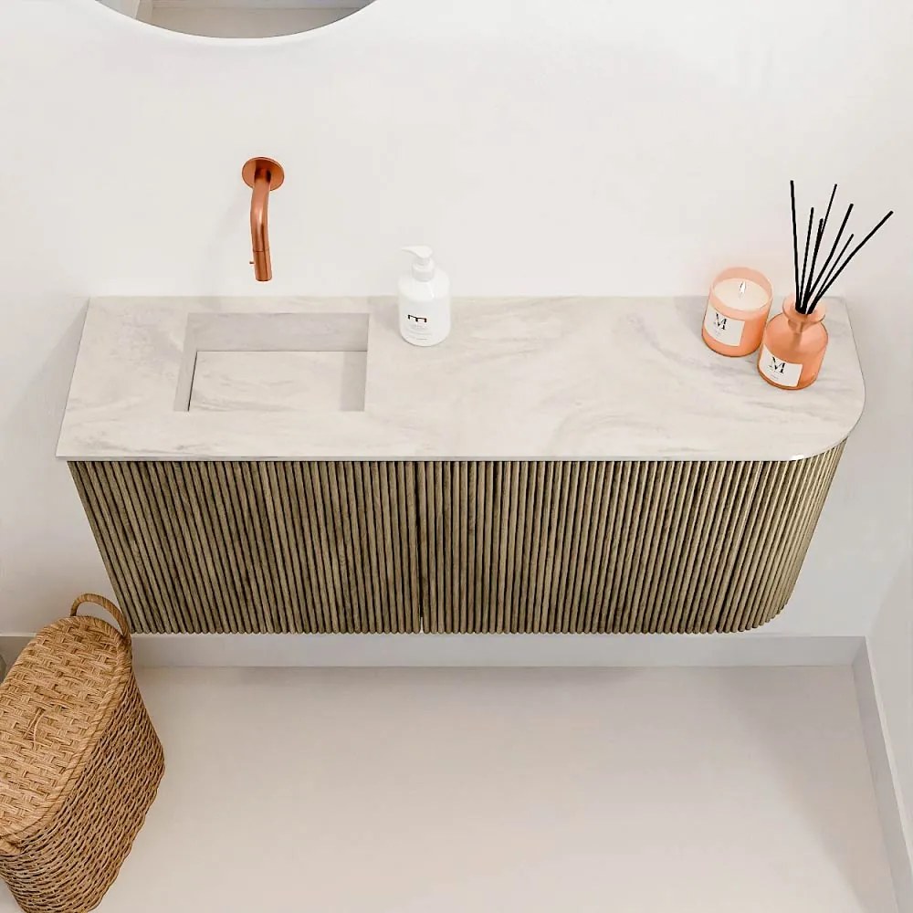 Mondiaz Joya DLux 90cm toiletmeubel ronding rechts dusk met wastafel faye links zonder kraangat ostra