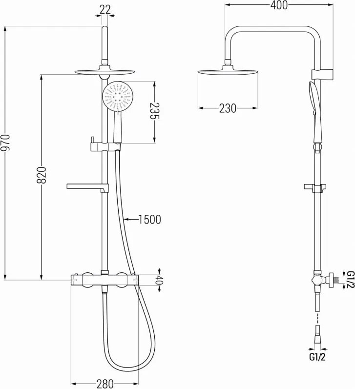 Mexen KX33 opbouw doucheset met regendouche en thermostaatkraan, zwart - 771503391-70