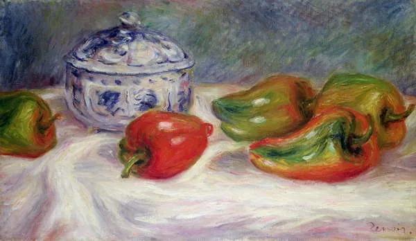 Pierre Auguste Renoir - Kunstdruk Still life with a sugar bowl and red peppers, (40 x 22.5 cm)