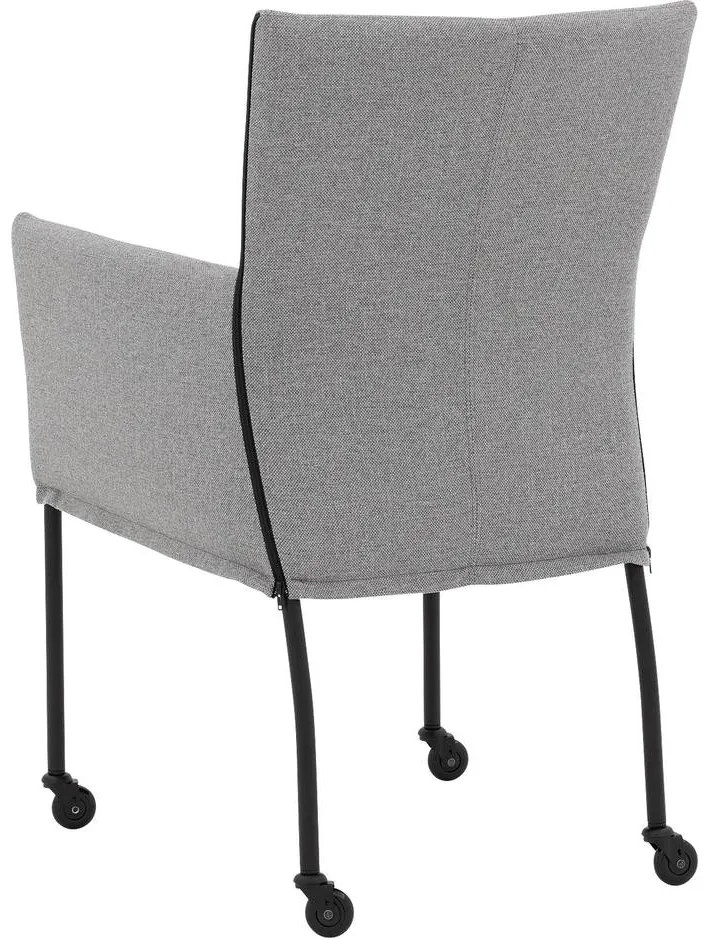Goossens Eetkamerstoel Funk Zwarte Poten grijs stof met armleuning en Zwart skater wiel met zwarte kapmet wielen, modern design