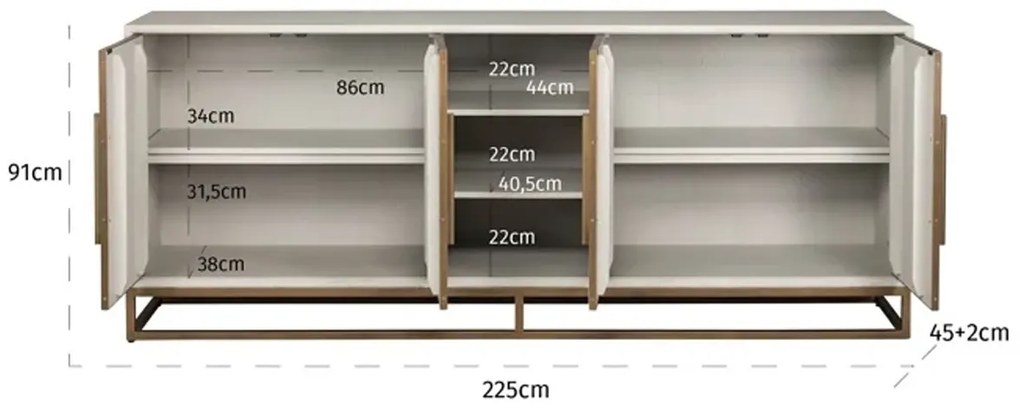 Richmond Interiors Whitebone Dressoir Wit Hout Met Messing - 225x47x91cm.