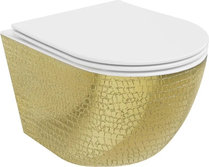 Mexen Lena rimloze wc-pot met slank, zacht sluitend duroplast zitje, wit/goud, schubbenpatroon - 30224008