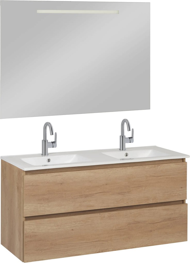 Saqu Diverso badmeubel incl. dubbele keramische wastafel 120x46x60cm en spiegel met LED nature