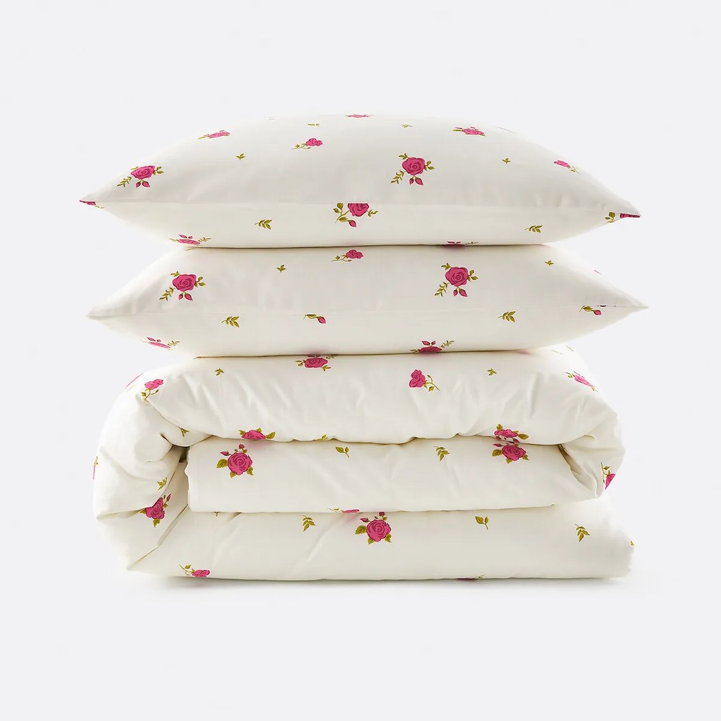 Beddengoedset van 30% gerecycled katoen, vierkant kussensloop, rozenprint, ROSAN