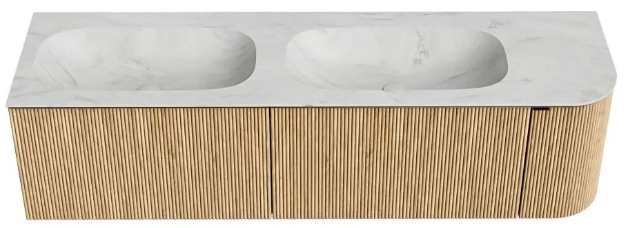 Mondiaz Kurve-dlux 165cm badmeubel ronding rechts oak met 2 lades en 1 deur en wastafel stor small dubbel/links 2 kraangaten opalo