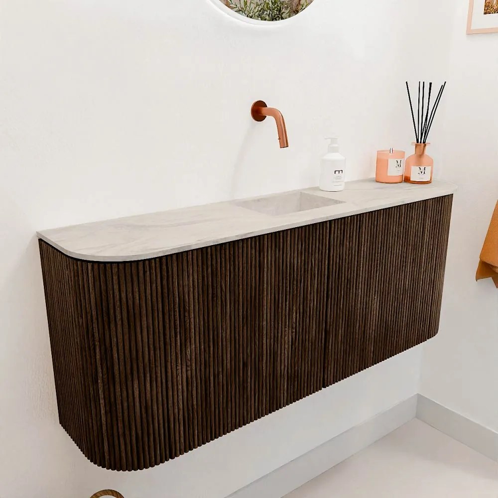 Mondiaz Joya DLux 105cm toiletmeubel ronding links/rechts walnut met wastafel faye midden zonder kraangat ostra