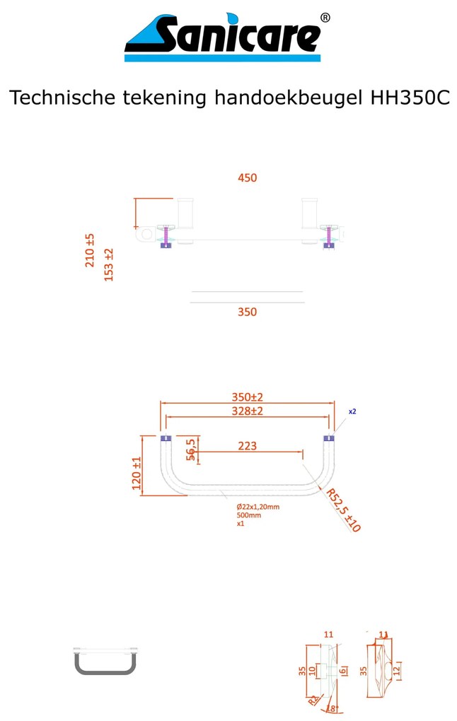 Sanicare handdoekbeugel voor design radiatoren 35cm chroom